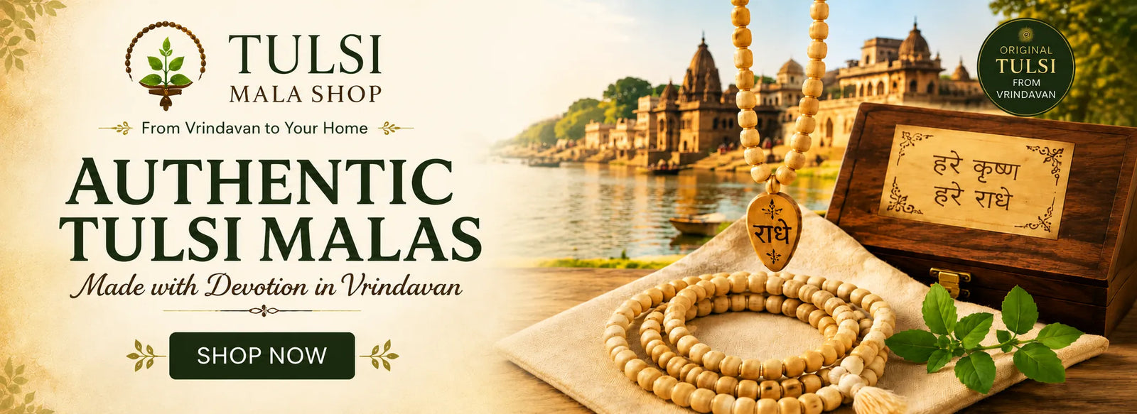 Advertisement for Tulsi Mala Shop with text and images of Tulsi malas and a temple.