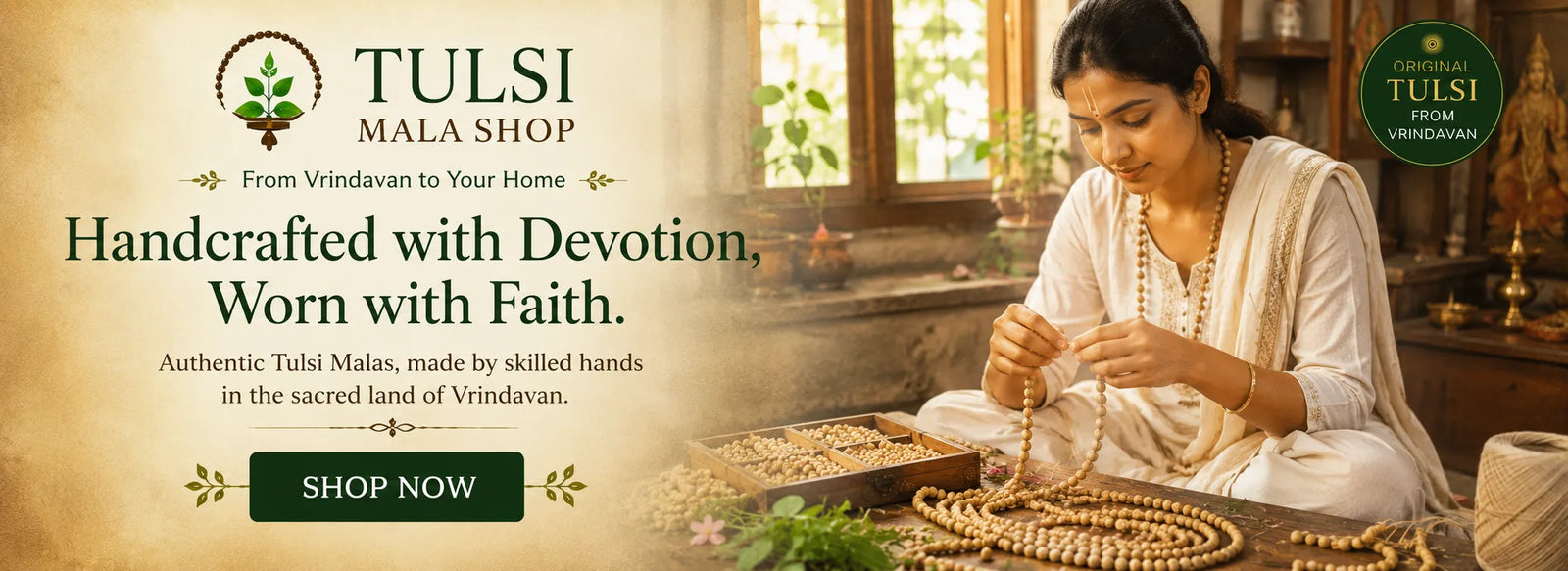 Woman working with Tulsi malas in a traditional setting, with text promoting the Tulsi Mala Shop.