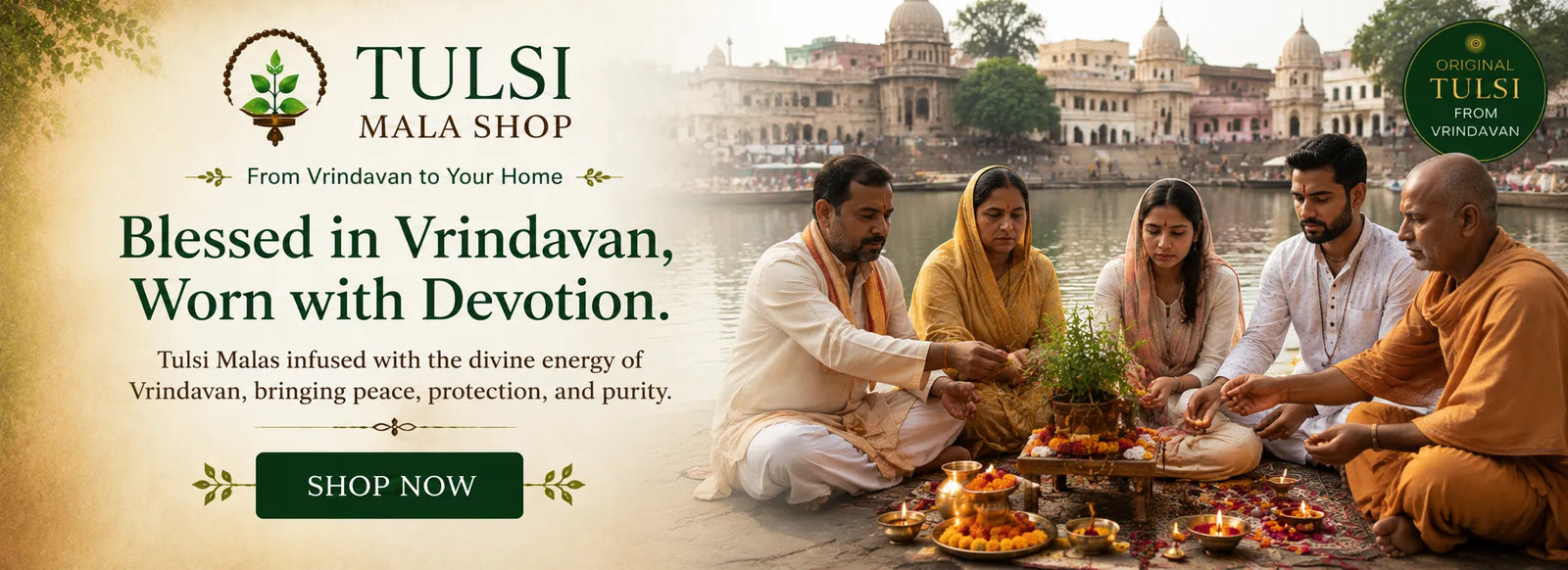 Advertisement for Tulsi Mala Shop with people performing a ritual by a river, featuring the brand's logo and tagline.